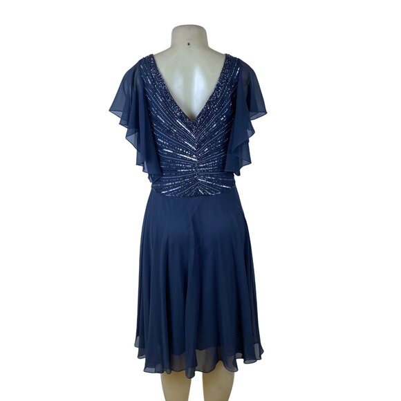 Jkara Womens Navy Polyester Beaded Flutter Sleeve Chiffon Cocktail Dress Size 8 - Picture 3 of 6